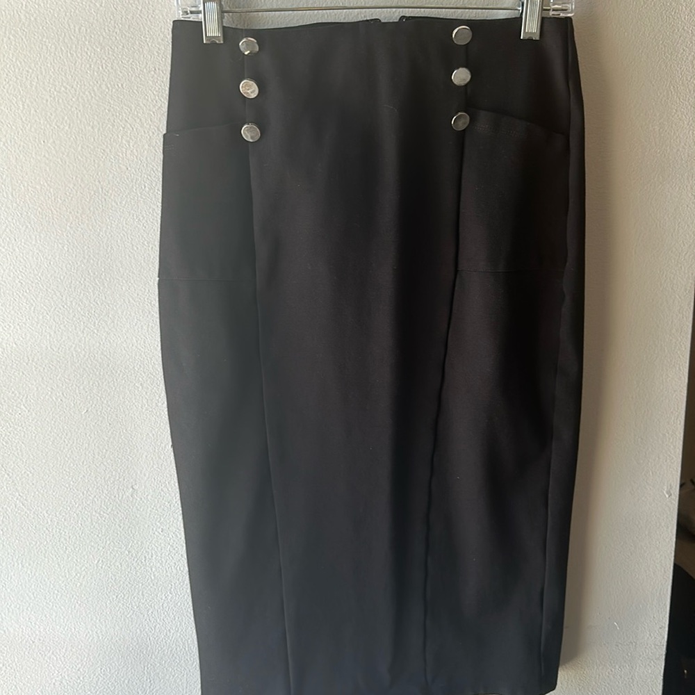 eShakti Zapelle EUC Black Midi Pencil Skirt with Silver Buttons and Pockets